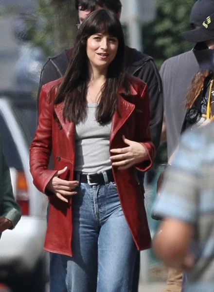 DAKOTA JOHNSON MADAME WEB LEATHER TRENCH COAT