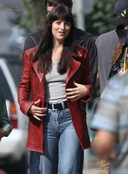 DAKOTA JOHNSON MADAME WEB LEATHER TRENCH COAT