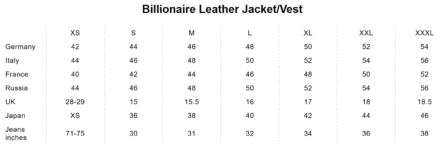 BILLIONAIRE SIZE CHART