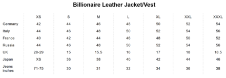 BILLIONAIRE SIZE CHART